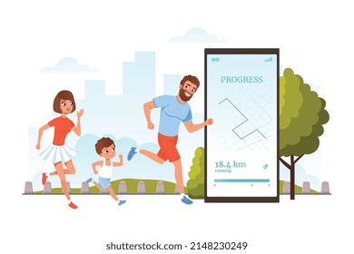 Family Athlete with Kid Using Running App on Smartphone Showing Time and Progress Vector Illustration