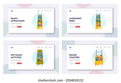 Family Attractions Landing Page Template Set. Excited Characters Riding Roller Coaster in Amusement Park. Adult Men, Women or Kids at Rollercoaster Extreme Leisure. Cartoon People Vector Illustration