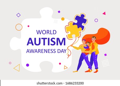 A family with an autistic child holds balloons. World Autism Awareness Day. The puzzle is a worldwide symbol of autism. Autism Awareness concept for design of banners, flyers, posters, promotions.