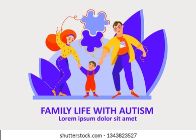 Family with a autistic child. Parents help their child cope with manifestations of autism. The puzzle is a worldwide symbol of autism, as well as blue color. Flat Vector Illustration.