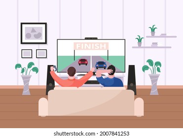 Family auto racing fan watching rally on tv screen at home. Friend or brother enjoy automobile sport competition game live broadcast on television relaxing in living room vector illustration