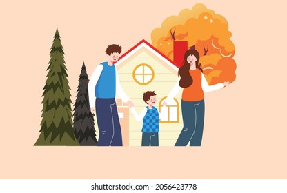Family Autumn Outing Illustration Autumn characters outdoor activities travel poster