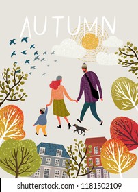 Family in autumn, Vector illustration of a happy family in the autumn on a walk around the city, mom, dad, baby and dog stroll through the park