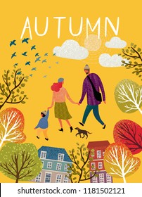 Family in autumn, Vector illustration of a happy family in the autumn on a walk around the city, mom, dad, baby and dog stroll through the park