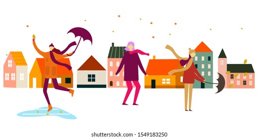 Family in autumn, Vector illustration of a happy family in the autumn on a walk around the city, mom, dad, baby and dog stroll through the park.