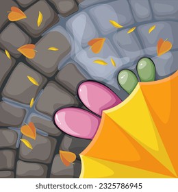 Family autumn walk in rain, top view on rubber boots and umbrella vector illustration. Cartoon overhead scene of rainy day with pair of parent and child shoes standing on old pavement with rain puddle