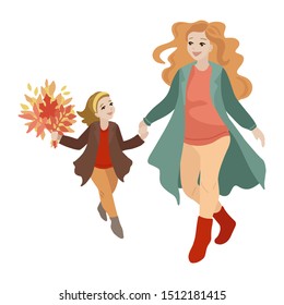 Family autumn walk. Woman in coat walks with young daughter. Young happy girl holding branches with yellow leaves. Autumn season scenery. Flat style cartoon vector illustration.