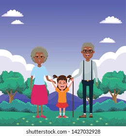 family avatar afroamerican grandfather with glasse and cane and afroamerican grandmother next to a child profile picture cartoon character portrait over the grass with flowers, trees, shrubbery and