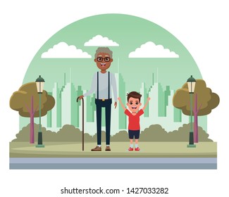 family avatar afroamerican grandfather with glasse and cane next to a child profile picture cartoon character portrait in the street with trees, lamps,building and skyscraper cityscape silhouette