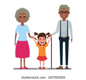 family avatar afroamerican grandfather with glasse and cane and afroamerican grandmother next to a child profile picture cartoon character portrait vector illustration graphic design
