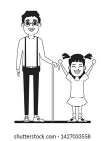 family avatar afroamerican grandfather with glasse and cane next to a child profile picture cartoon character portrait in black and white vector illustration graphic design