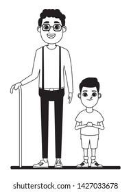family avatar afroamerican grandfather with glasse and cane next to a child profile picture cartoon character portrait in black and white vector illustration graphic design