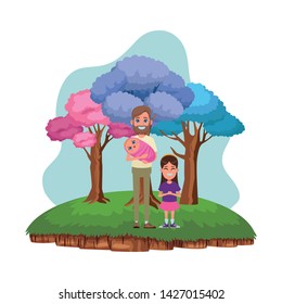 family avatar father with beard holding a baby next to a child profile picture cartoon character portrait over a piece of grass