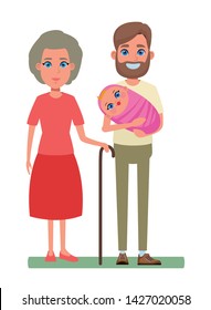 family avatar father with beard holding a baby and grandmother with cane profile picture cartoon character portrait vector illustration graphic design