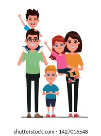 Family Avatar Father With Glasses Carrying A Boy In The Shoulder And Mother With Short Hair Carrying A Young Girl Next To A Child