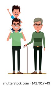 family avatar father with glasses carrying a boy in the shoulder and grandfather with glasses and cane profile picture cartoon character portrait vector illustration graphic design