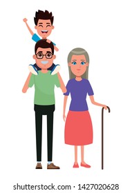 family avatar father with glasses carrying a boy in the shoulder and grandmother with cane profile picture cartoon character portrait vector illustration graphic design