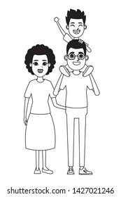family avatar father with glasses carrying a boy in the shoulder and afroamerican grandmother profile picture cartoon character
