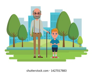 family avatar grandfather with beard and glasses next to a child profile picture cartoon character portrait over the grass with trees