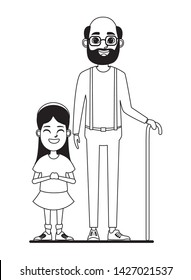 family avatar grandfather with beard and glasses next to a child profile picture cartoon character portrait in black and white vector illustration graphic design