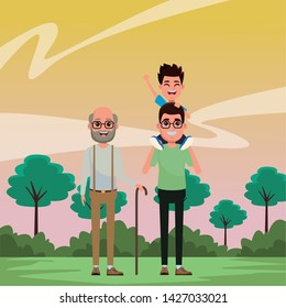 family avatar grandfather with beard and glasses and father with glasses carrying a boy in the shoulder profile picture cartoon