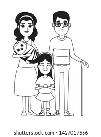 family avatar grandfather with glasses and cane and mother with bandana holding a baby next to a child profile picture cartoon