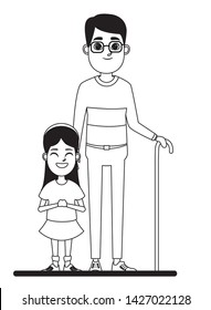 family avatar grandfather with glasses and cane next to a child profile picture cartoon character portrait in black and white vector illustration graphic design