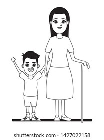 family avatar grandmother with cane next to a child profile picture cartoon character portrait in black and white vector illustration graphic design