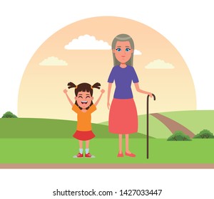 family avatar grandmother with cane next to a child profile picture cartoon character portrait over the grass in a rural lanscape vector illustration graphic design