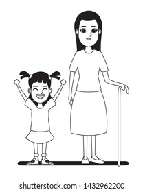family avatar grandmother with cane next to a child profile picture cartoon character portrait in black and white vector illustration graphic design