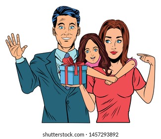 family avatar man with hand up and young girl with gift box profile picture cartoon character portrait vector illustration graphic design