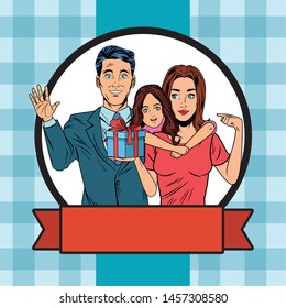 family avatar man with hand up and young girl with gift box profile picture cartoon character portrait in round icon with