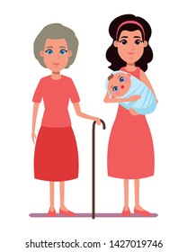 family avatar mother with bandana holding a baby and grandmother with cane profile picture cartoon character portrait vector illustration graphic design