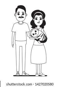 family avatar mother with bandana holding a baby and grandfather with moustache profile picture cartoon character portrait in black and white vector illustration graphic design