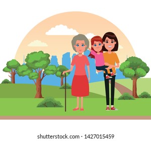 family avatar mother with short hair carrying a young girl and grandmother with cane profile picture cartoon character portrait over the grass with trees, building and skyscraper cityscape silhouette