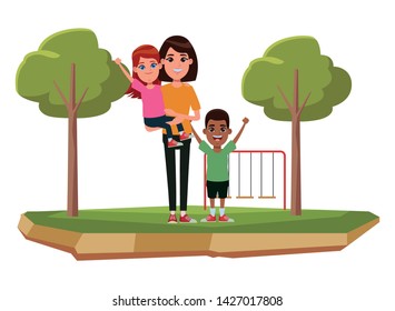 family avatar mother with short hair carrying a young girl next to afroamerican boy profile picture cartoon character portrait