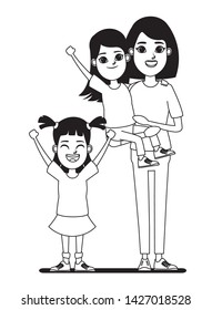 family avatar mother with short hair carrying a young girl next to a child profile picture cartoon character portrait in black and