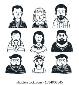 family avatar pack. collection of various men and women faces. isolated on white background. hand drawn line art cartoon vector illustration.