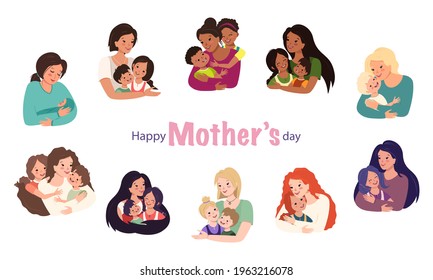 Family avatar set. Mom hugs children. Happy Mother' day. Smiling faces of caring and loving people. Cheerful people of different nationalities. Parent with boy, girl and baby. Vector illustration