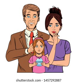 family avatar woman with glasses man with hand up young girl with hands up with gift box profile picture cartoon character portrait vector illustration graphic design