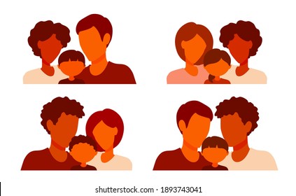 Family avatars. Heterosexual and homosexual parents with one child. Multiethnic, multiracial couple portrait. Gay men, lesbian women. Vector cartoon illustration.