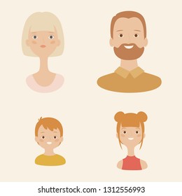 Family avatars or icons. Two parents and two children, boy and girl. Vector illustration