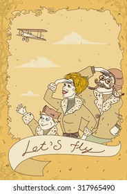 family aviator in retro style vector illustration