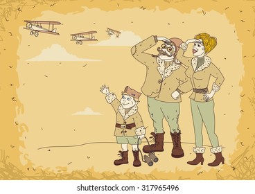 family aviator in retro style vector illustration