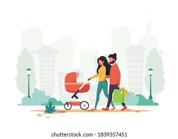 Family with baby carriage walking in the city park. Outdoor activity. Vector illustration