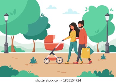 Family with baby carriage walking in the park. Outdoor activity. Vector illustration