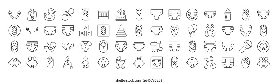 Família, Bebê, Fraldas Linha Icon Pack. Outline Signs para Gráficos e Web Design, Apps, Anúncios, Vários Cartões 