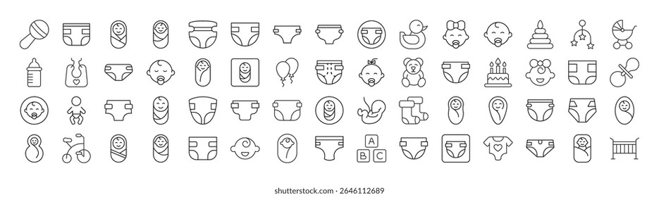 Conjunto de Ícones de Linha Fina de Fraldas, Família, Bebê. Outline Signs para Gráficos e Web Design, Apps, Anúncios, Vários Cartões 