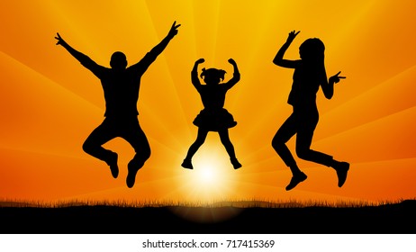 Family with baby jumping at sunset, silhouette vector