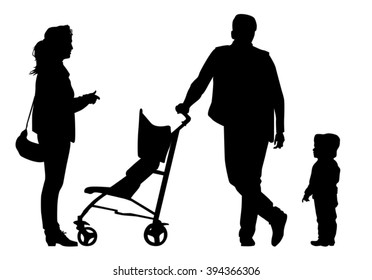 Family with baby and pram on a walk. Man, woman and child. Silhouettes on a white background.